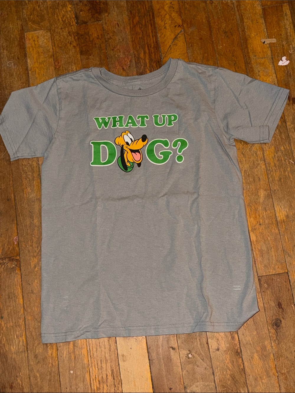 Disney Gray Tee "What Up Dog?" with Green and Yellow Print
